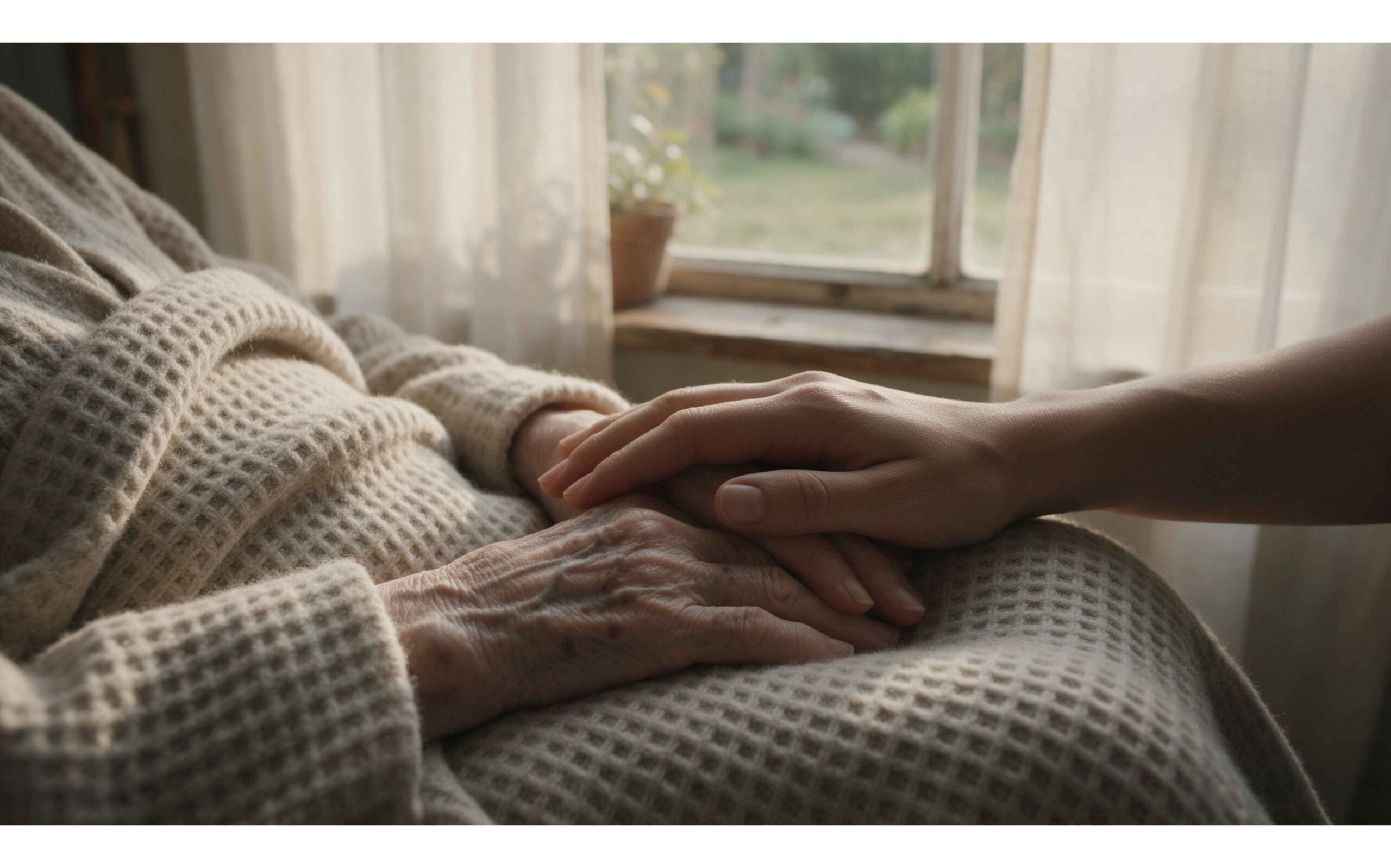 Hände einer älteren Frau mit Demenz, darauf die Hand ihrer Tochter