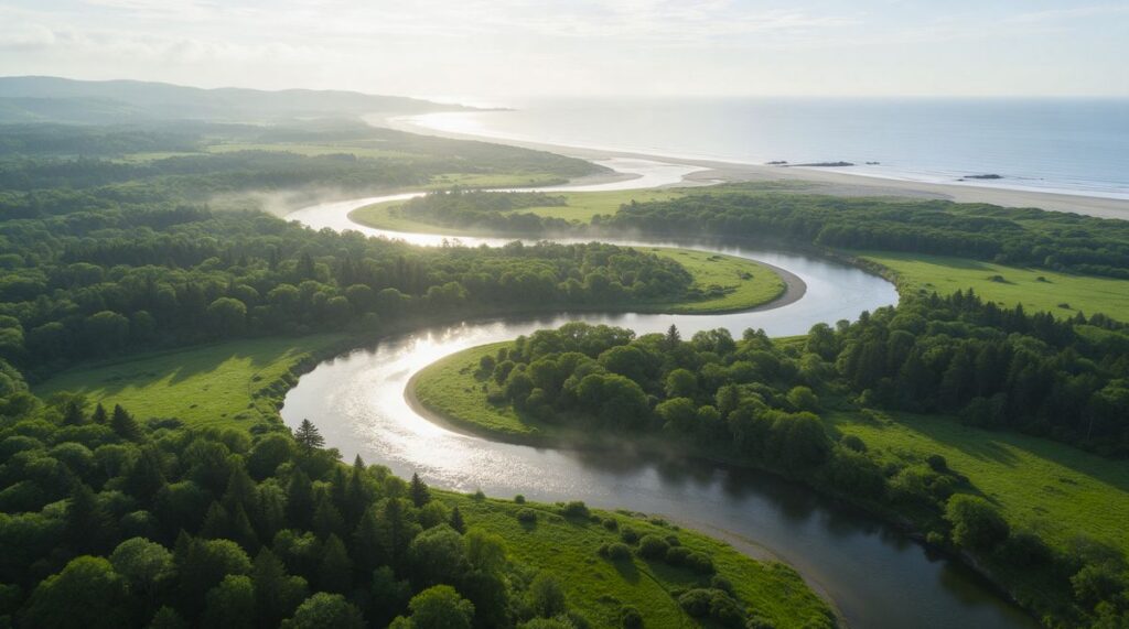 Luftaufnahme eines Flusses, der sich in Schleifen durch grüne Landschaft zum Meer windet