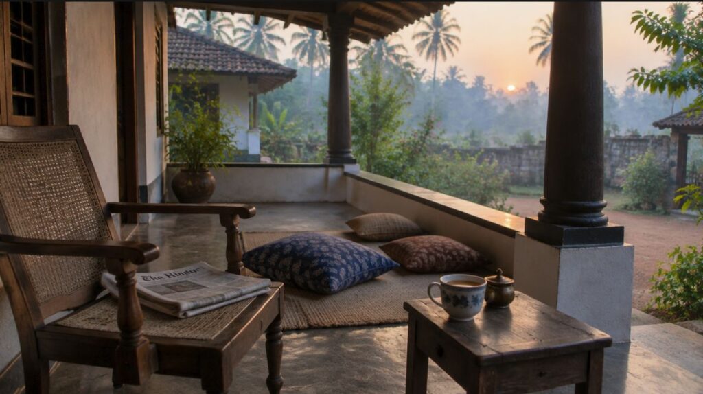 Veranda eines Hauses in Indien im Morgengrauen, mit Stuhl, Zeitung und einer Tasse Chai