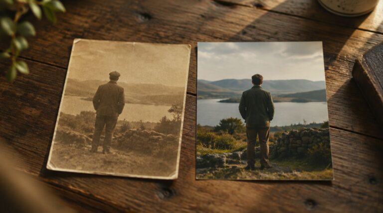 wei Fotos auf einem Holztisch: ein altes Sepia-Foto und ein modernes Farbfoto, beide zeigen einen Mann von hinten an einem See